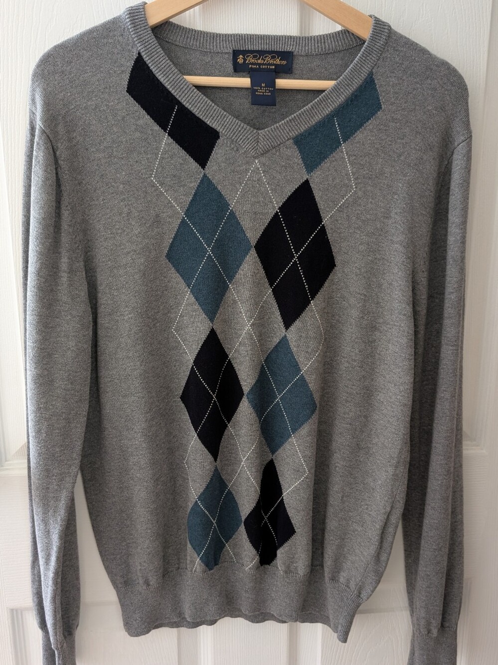 Brooks Brothers Pima Cotton Gray V-Neck Argyle Sweater